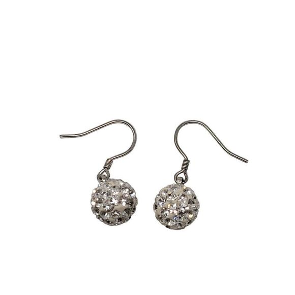 Silver Tone Rhinestone Drop Earrings Sphere Dangle Pierced Hook New Years Glam - Picture 2 of 6
